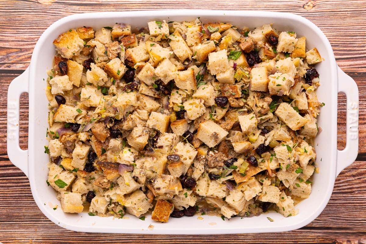 uncooked stuffing in a white dish