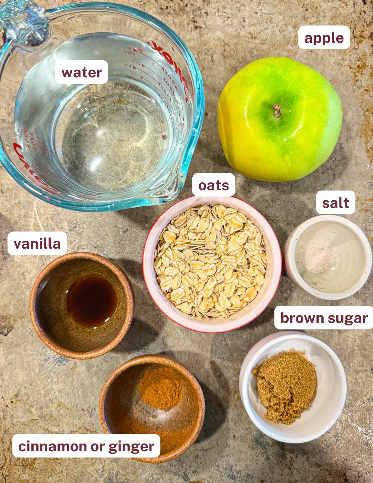water, apple, oats, vanilla, salt, cinnamon, brown sugar