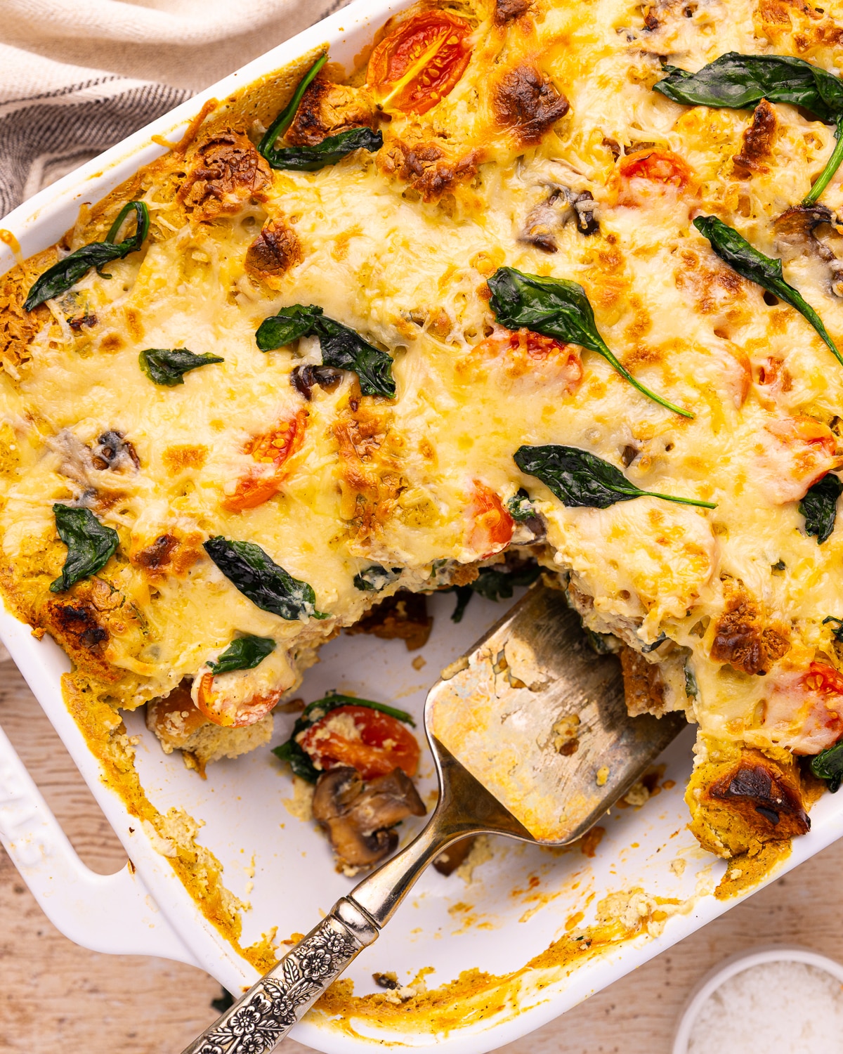 vegan strata with a piece removed