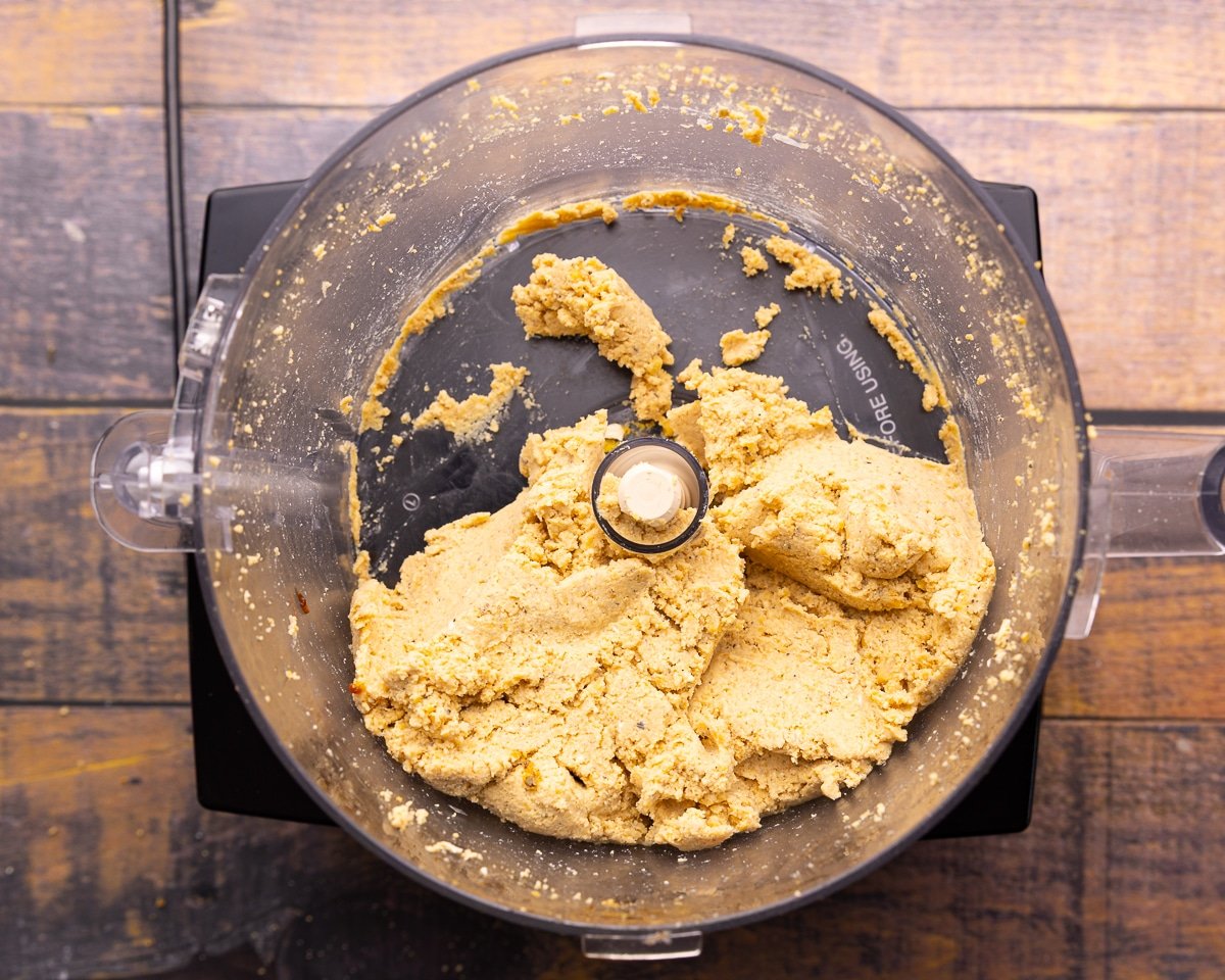 blended chickpea nugget mixture in a food processor