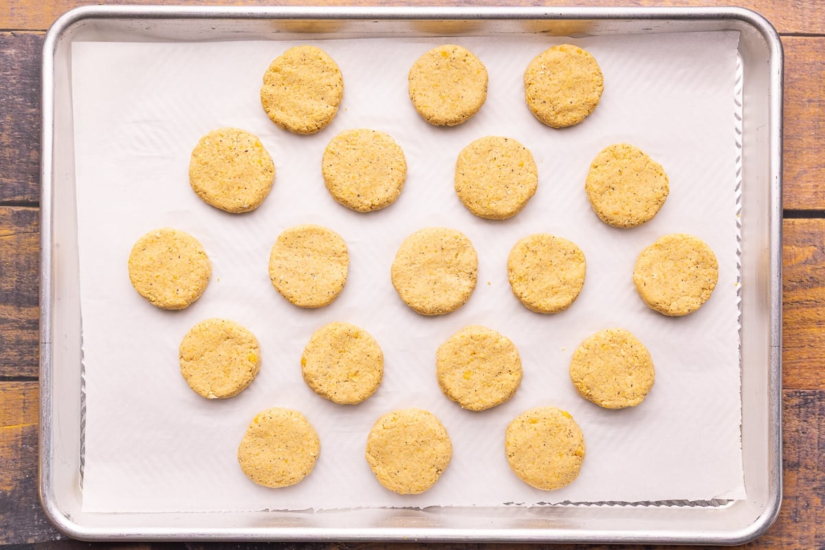 chickpea nuggets shaped on a baking tray