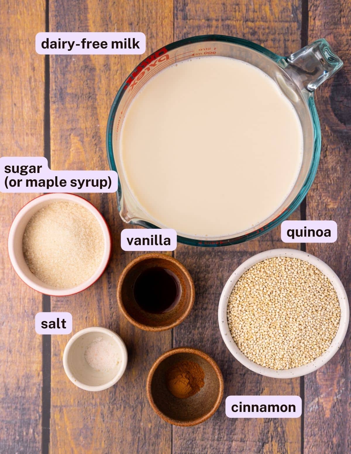 dairy-free milk, sugar, vanilla, quinoa, salt, cinnamon.