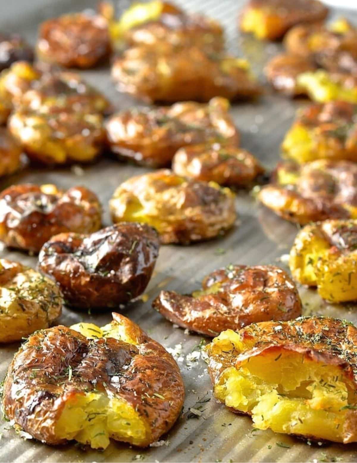 a tray of smashed potatoes