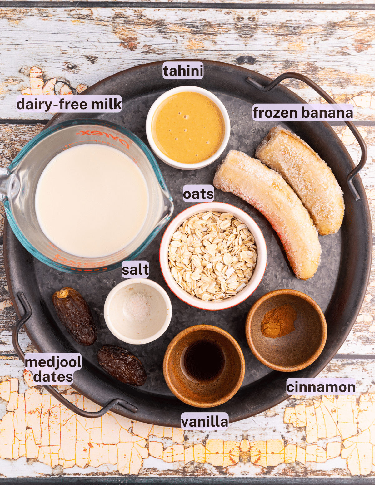 tahini smoothie ingredients on a tray