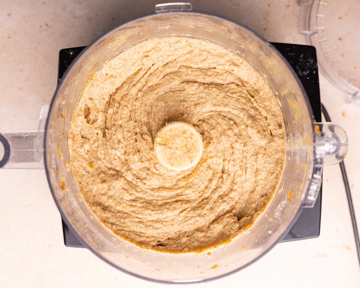 banana date bread batter in a food processor
