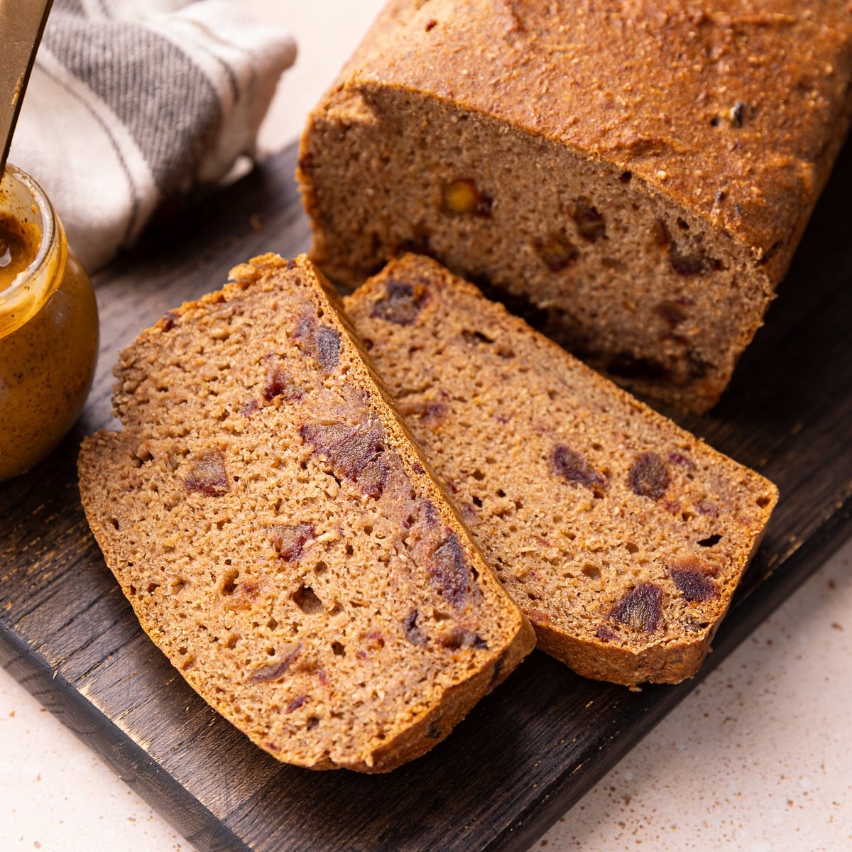 sliced banana date bread