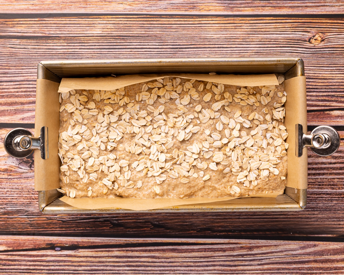 uncooked vegan Guinness bread in  loaf pan