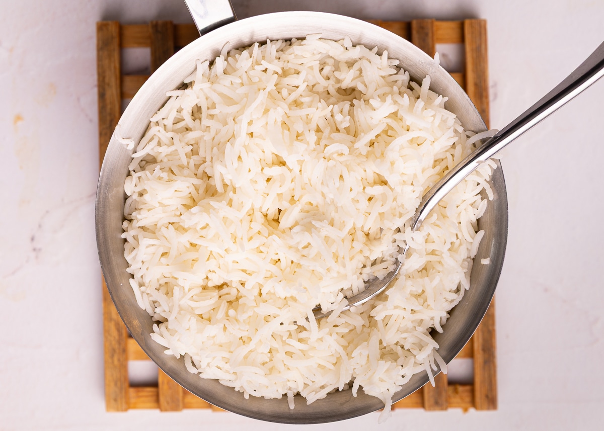 cooked rice in a pan
