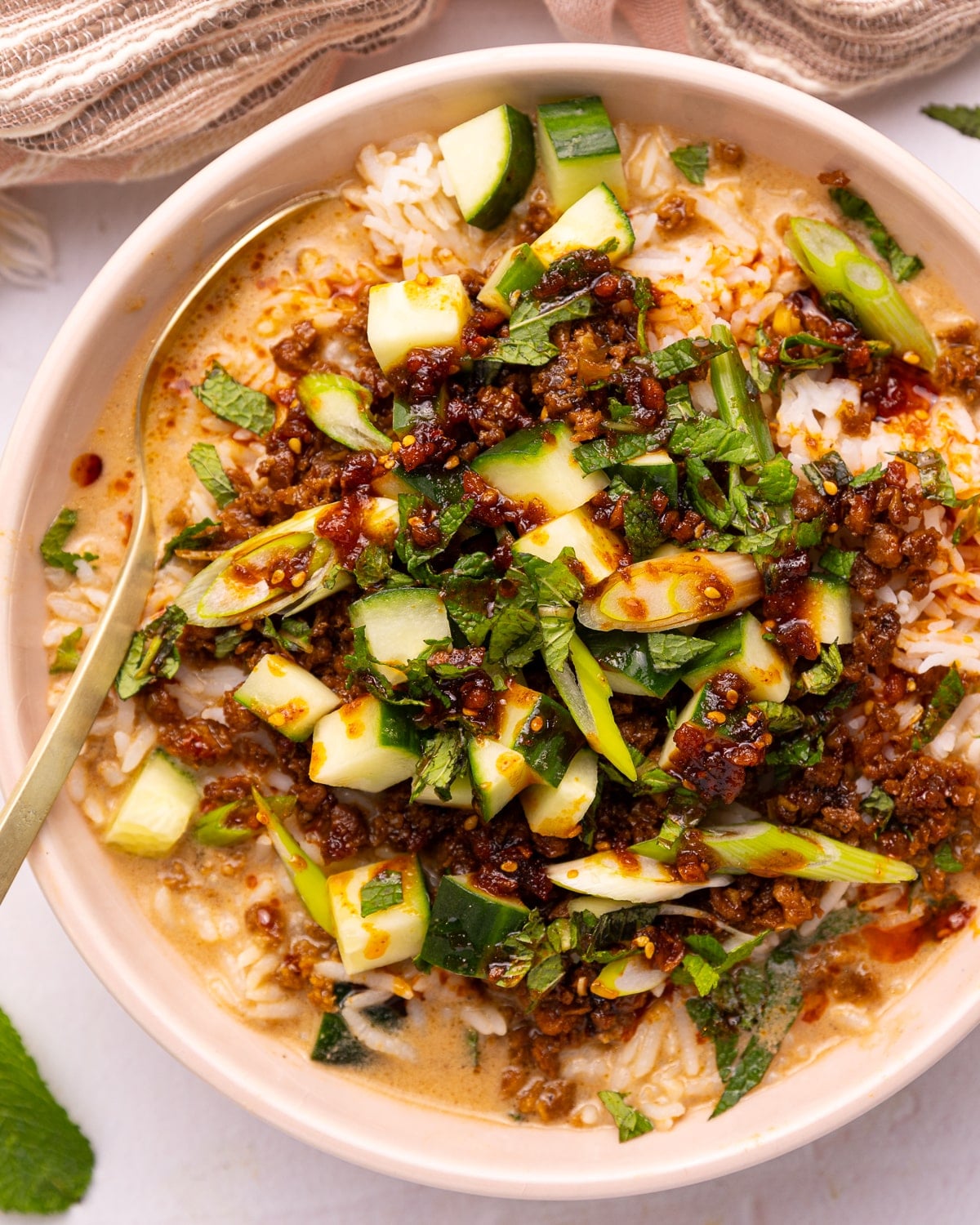 close up of a vegan brothy rice bowl