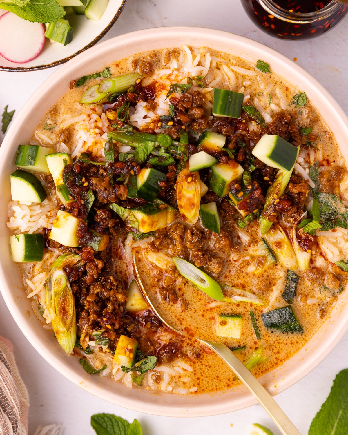 partially eaten vegan brothy rice bowl