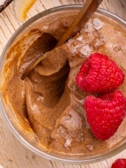 blended chocolate chia pudding with a bit scooped out