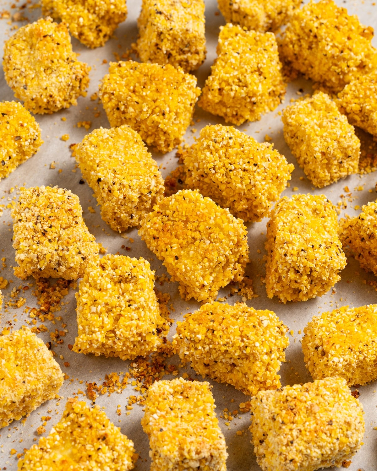 crispy tofu cubes on a baking tray