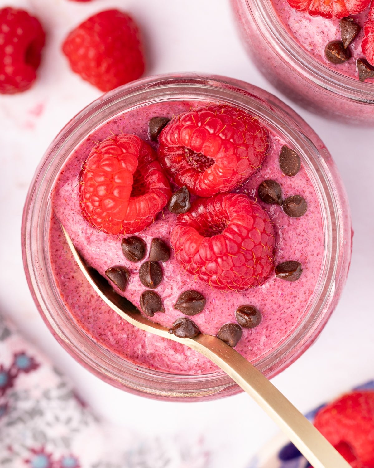 raspberry chia pudding with fresh raspberries and chocolate chips